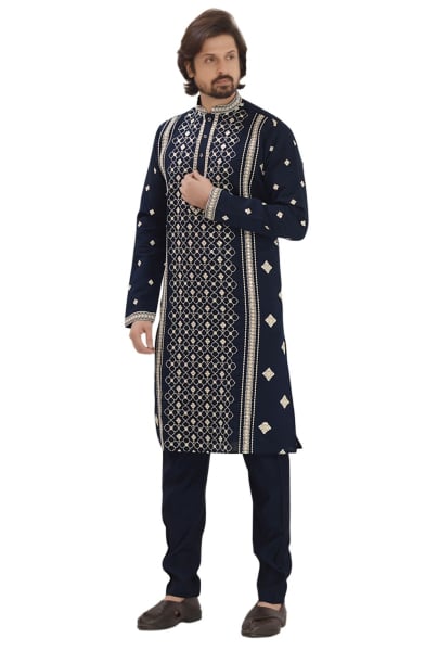 Midnight Blue Embroidered Fendi Silk Kurta Set
