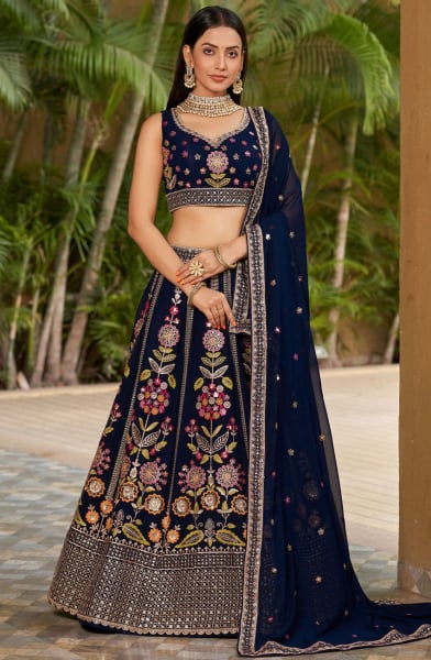 Midnight Blue Embroidered Georgette Designer Lehenga Choli