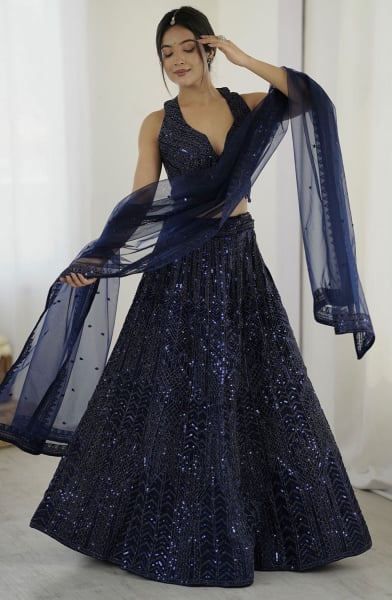 Midnight Blue Embroidered Net Designer Lehenga Choli