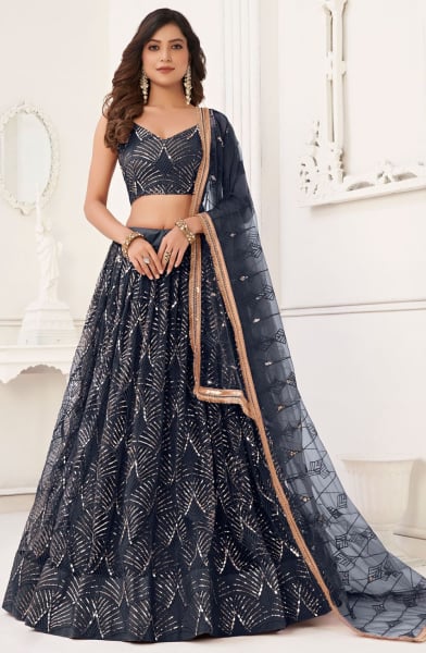 Midnight Blue Embroidered Net Lehenga Choli