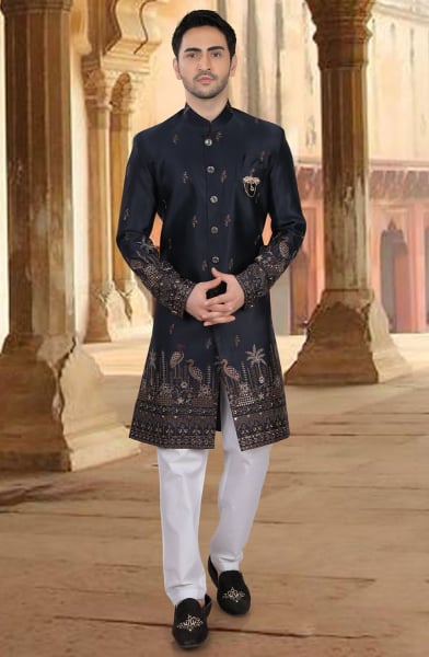 Midnight Blue Embroidered Silk Designer Indo Western