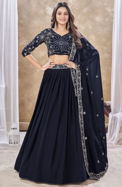 Midnight Blue Faux Georgette Lehenga with Embroidered Choli and Dupatta