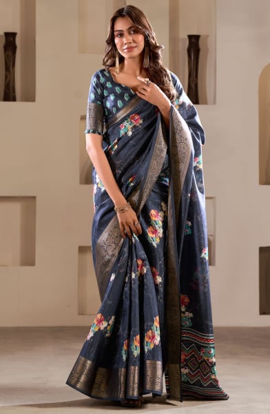 Midnight Blue Foil Print Dola Silk Saree