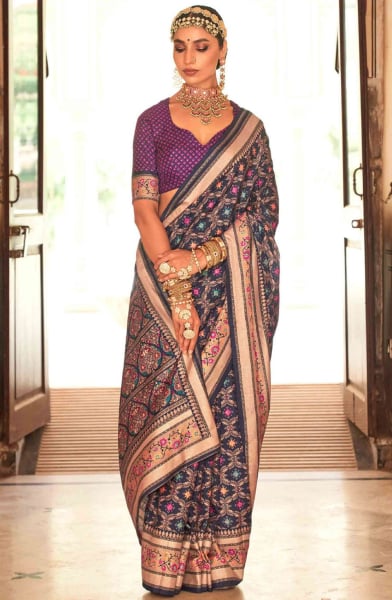 Midnight Blue Gold Print Silk Saree for Ceremonial