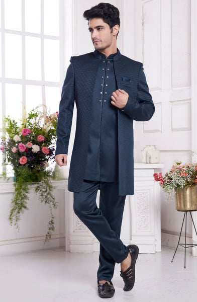Midnight Blue Jacquard Art Silk IndoWestern