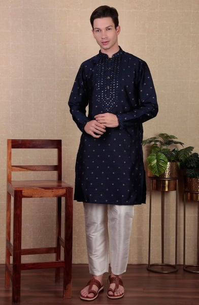 Midnight Blue Mirror Work Jacquard Silk Kurta Set