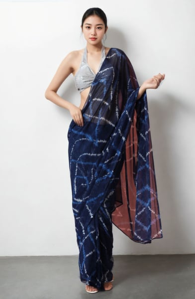 Midnight Blue Printed Chinnon Partywear Saree