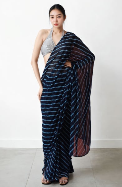 Midnight Blue Printed Chinnon Partywear Saree