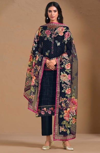 Midnight Blue Resham Embroidered Chinnon Chiffon Pant Kameez