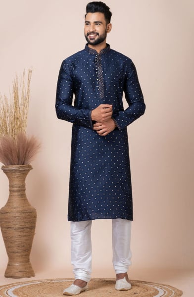 Midnight Blue Self Jacquard Silk Kurta Set