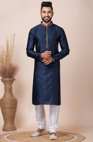 Midnight Blue Self Jacquard Silk Kurta Set