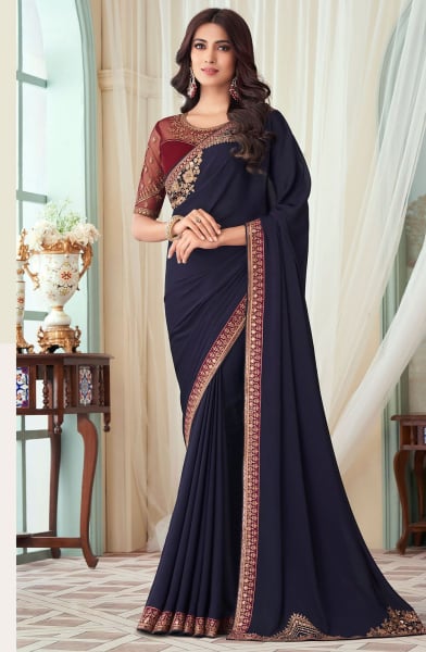 Midnight Blue Silk Saree with Embroidered Blouse