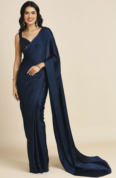 Midnight Blue Silk Saree with Sequins Embroidered Blouse