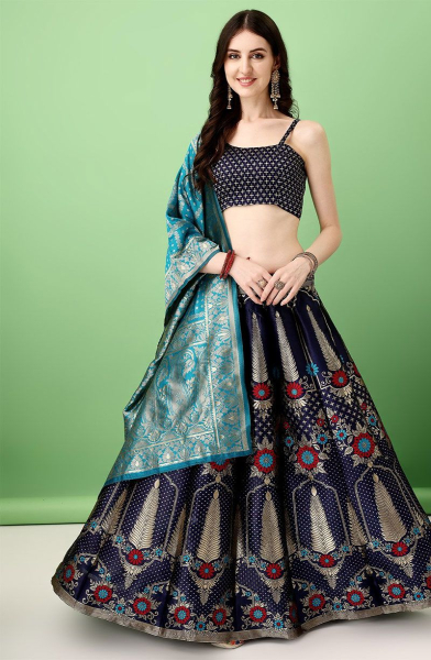 Midnight Blue Soft Silk Jacquard Lehenga Choli