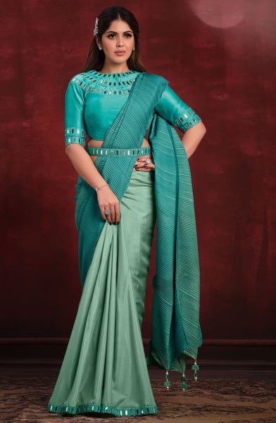 Mint and Firozi Crepe Silk Georgette Designer Saree