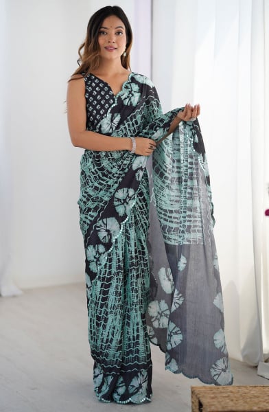 Mint Blue and Black Printed Chinnon Casual Wear Saree