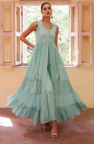 Mint Blue Designer Pant Kameez Suit