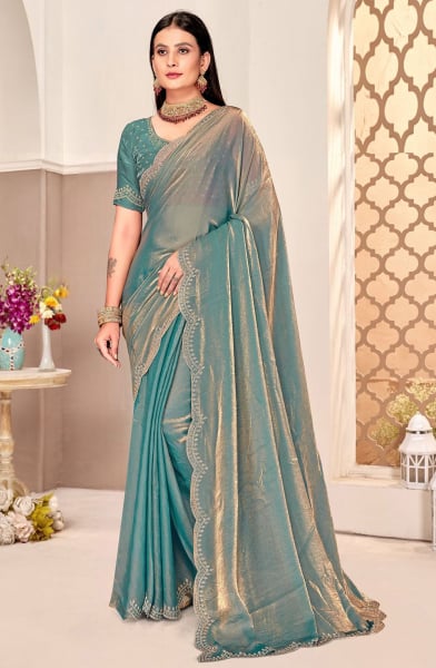Mint Blue Embellished Fendi Satin Silk Saree