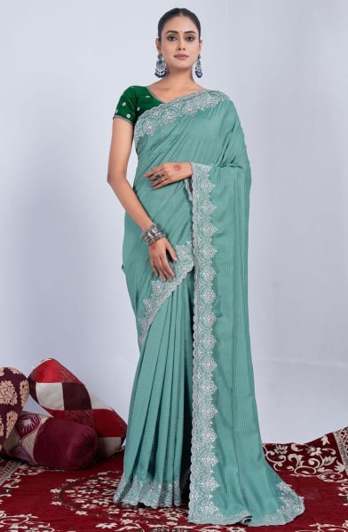Mint Blue Embroidered Art Silk Saree