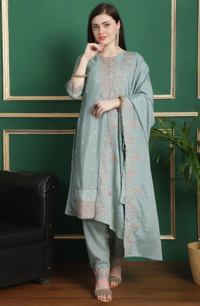 Mint Blue Embroidered Chinnon Chiffon Pant Kameez