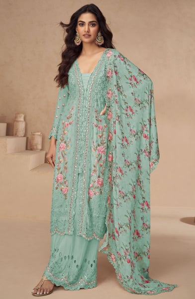 Mint Blue Embroidered Chinnon Silk Palazzo Kameez