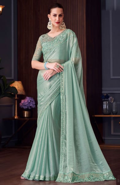 Mint Blue Embroidered Double Tone Silk Designer Saree