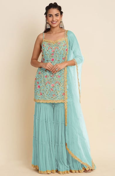 Mint Blue Embroidered Georgette Sarara Kameez