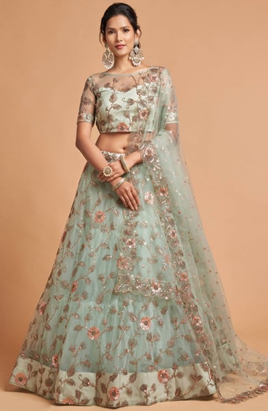 Mint Blue Embroidered Net Lehenga Choli for Wedding