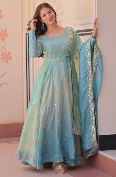 Mint Blue Embroidered Organza Gown with Dupatta
