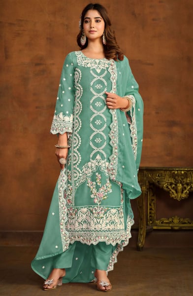 Mint Blue Embroidered Organza Pant Kameez