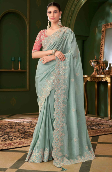 Mint Blue Embroidered Pure Viscose Georgette Silk Saree