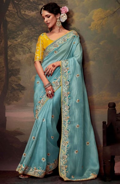 Mint Blue Embroidered Tissue Organza Saree
