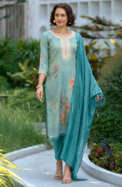 Mint Blue Embroidered Tissue Readymade Pant Kameez