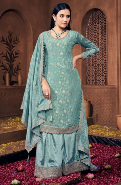Mint Blue Embroidered Viscose Chinnon Jacquard Palazzo Kameez