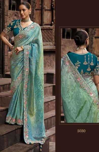 Mint Blue Embroidered Viscose Tissue Designer Saree