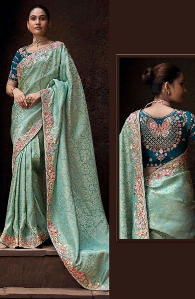 Mint Blue Embroidered Viscose Tissue Designer Saree