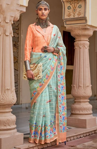 Mint Blue Floral Print Linen Kora Saree