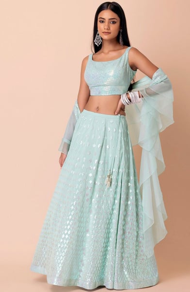 Mint Blue Georgette Embroidered Lehenga Choli Set