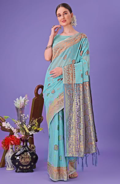 Mint Blue Linen Cotton Saree for Festival