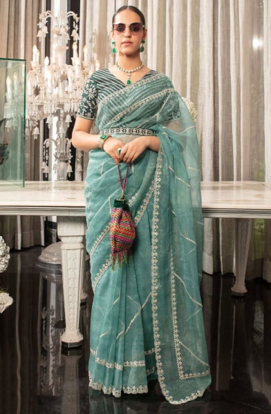Mint Blue Organza Saree with Embroidered Blouse
