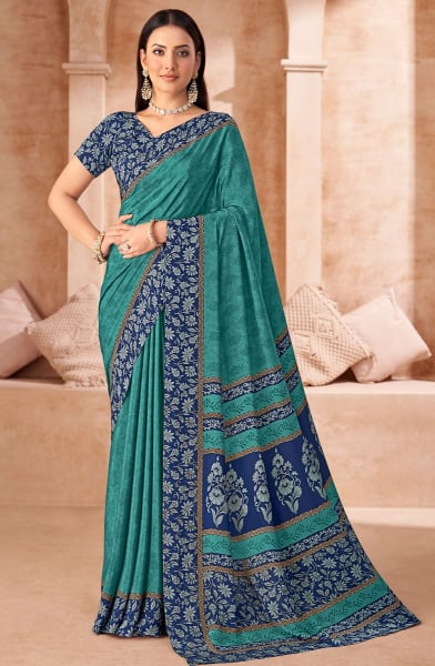 Mint Blue Printed Crepe Casual Saree