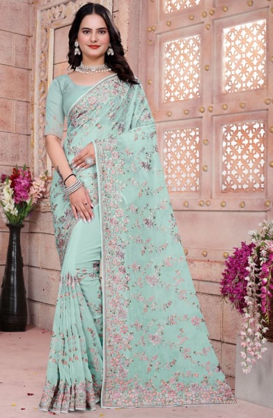 Mint Blue Resham Embroidered Georgette Saree