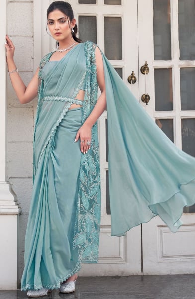 Mint Blue Satin Silk Ready to Wear Saree with Jacket