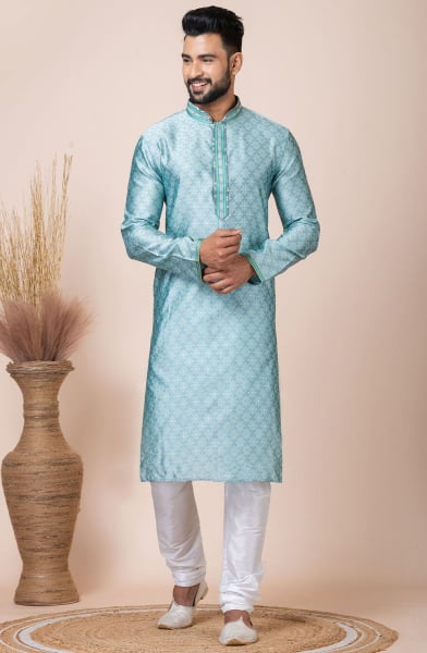 Mint Blue Self Jacquard Silk Kurta Set