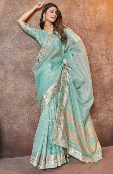 Mint Blue Sequins Embellished Dyed Silk Saree