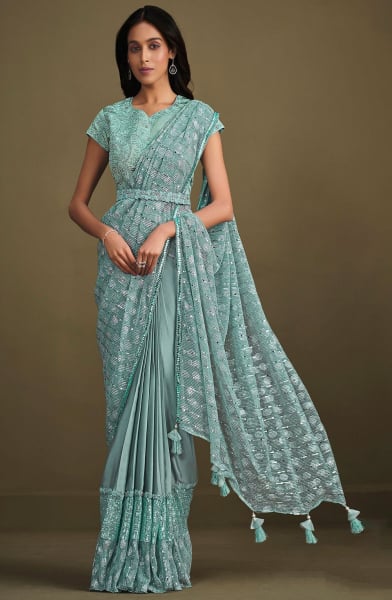 Mint Blue Sequins Embroidered Ready to Wear Saree