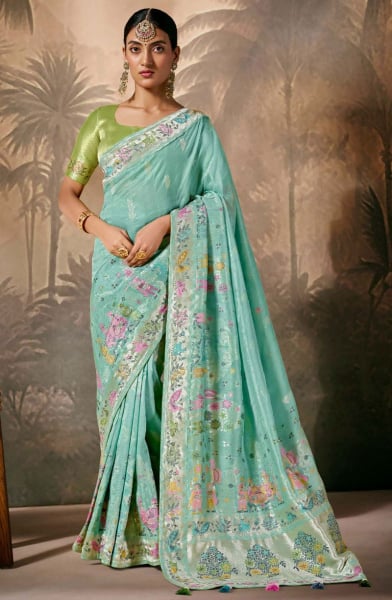 Mint Blue Silk Designer Woven Work Saree