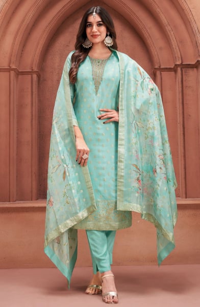 Mint Blue Silk Readymade Pant Kameez Suit