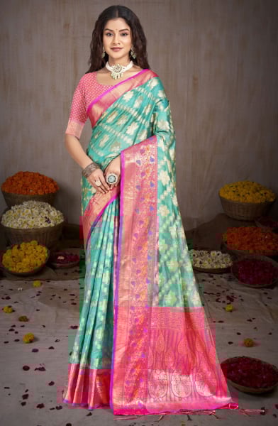 Mint Blue Silk Woven Work Saree