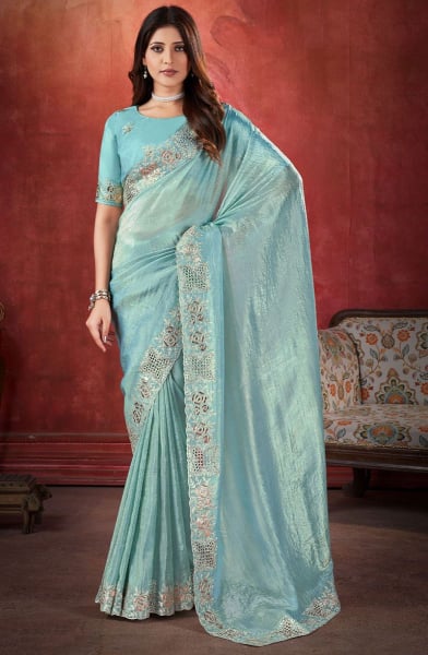 Mint Blue Zari Cut Work Crushed Silk Saree